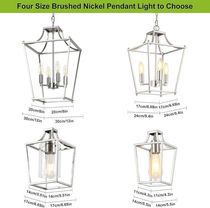 Lantern Pendant Lights, 12" Brushed Nickel Pendant Light Fixtures, 4-Light Adjustable Pendant Lighting for Kitchen Island Dining Room Living Room Foyer Stairway