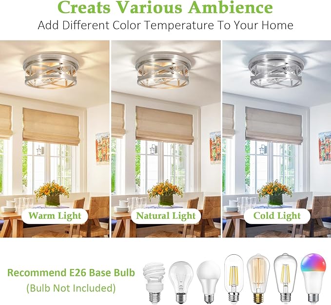 2-Light Flush Mount Ceiling Light Fixture, Farmhouse Ceiling Lights for Kitchen, Modern Black Close to Ceiling Light for Hallway Bedroom Balcony Porch Stairway, E26 (Silver, 1 Pack)