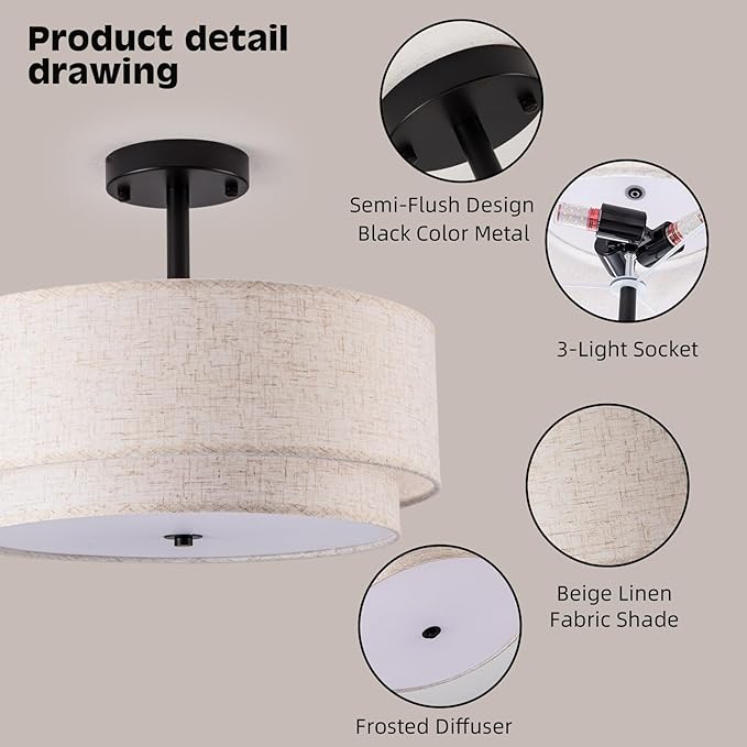 Drum Semi Flush Mount Ceiling Light, 16 inch 3 Lights Ceiling Light Fixture with 2-Layer Fabric Shade, Black Farmhouse Drum Ceiling Lighting for Bedroom Hallyway Dining Room Kitchen