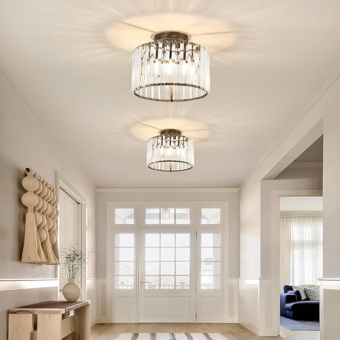 CVKASH 2 Pack Bronze Crystal Semi Flush Mount Ceiling Light Vintage Mini Ceiling Light Fixture Metal Close to Ceiling Lamp for Hallway Kitchen Living Room Bathroom Entryway Bedroom Closet