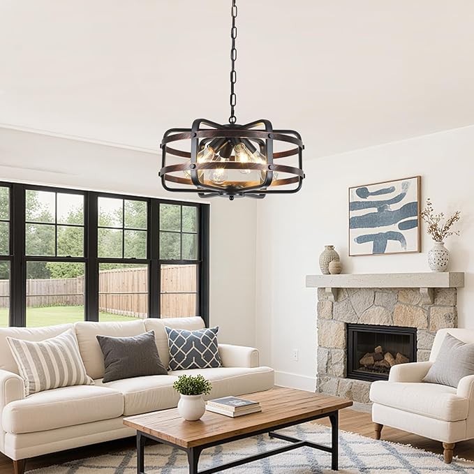 17.71" Modern Farmhouse Chandelier 4-Lights Cage Industrial Black Chandeliers for Dining Room Light Fixture Rustic Lantern Pendant Vintage Lighting Fixtures for Foyer Kitchen Entryway Living Room E26