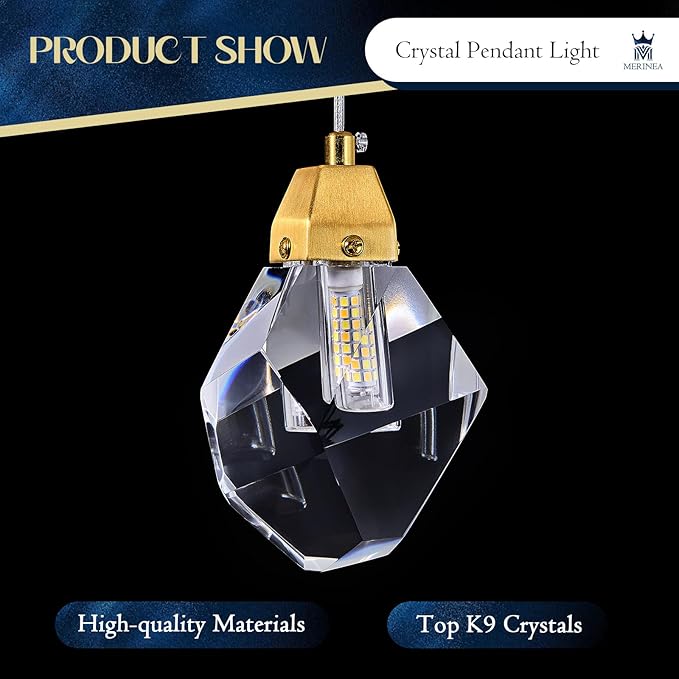 Diamond Crystal Pendant Light 3 Pack, Mini 5.5" 1-Light Hanging Ceiling Light in Gold Brushed Brass Finish with Prism Crystals and Color Changing LED for Kitchen Island, Dining Room, Bedroom, Hallway