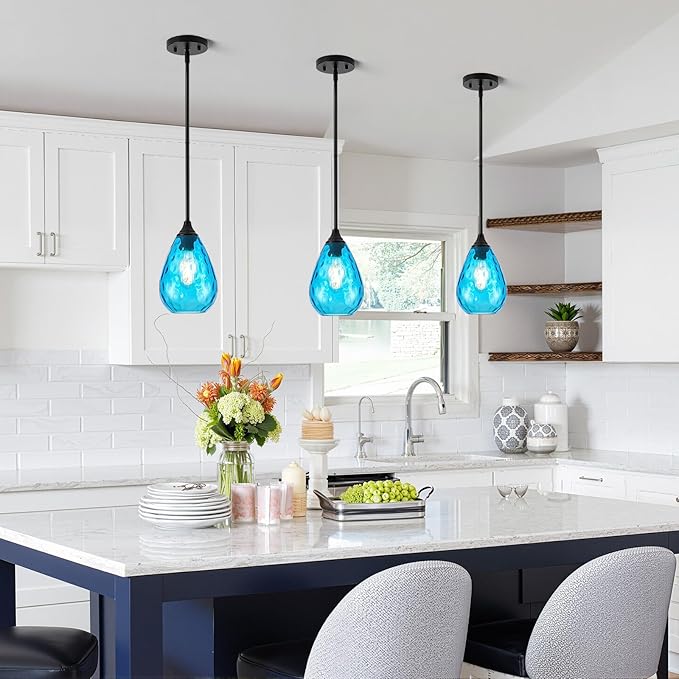 Black Pendant Lights Kitchen Island 2 Pack, Modern Blue Glass Pendant Light Fixtures with Hammered Glass and Rods, Adjustable Small Hanging Light for Kitchen Sink Dining Room Bathroom