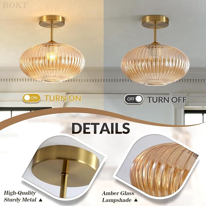 BOKT Amber Glass Flush Mount Ceiling Light Schoolhouse Style Close to Ceiling Lights Set of Two Antique Brass Flush Mount Kitchen Lighting Gold Hallway Ribbed Glass Ceiling Lights