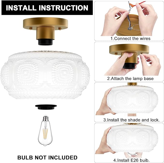 Semi Flush Mount Ceiling Light, Milk Glass Shade Modern Ceiling Light Fixture, Vintage Gold Lighting for Hallway Bedroom Entryway Kitchen Porch