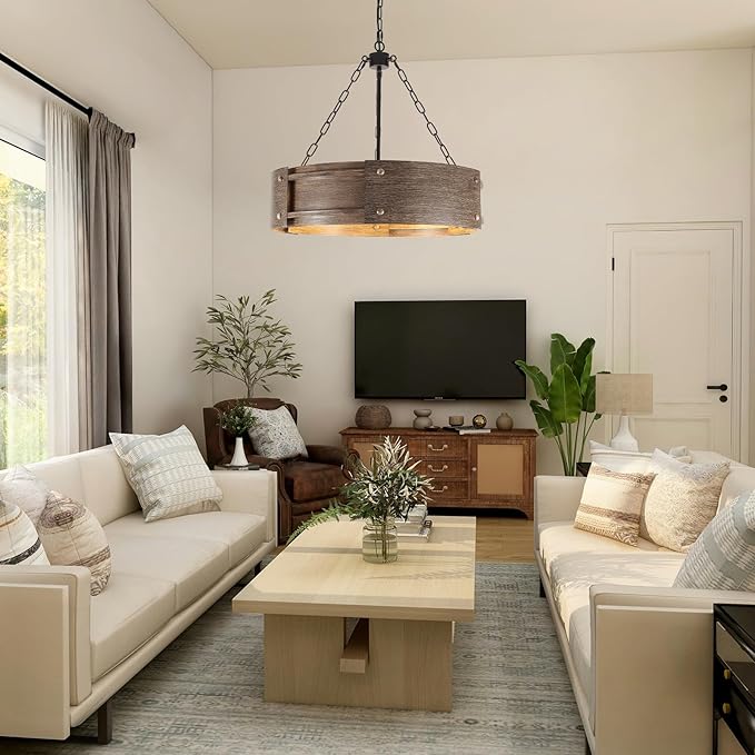 6 Light Modern Drum Chandeliers,23.6" Farmhouse Pendant Light Fixture with Wood Grain Industrial Rustic Round Metal Hanging Chandelier Ceiling Light for Dining Room Kitchen Foyer Entryway,E26