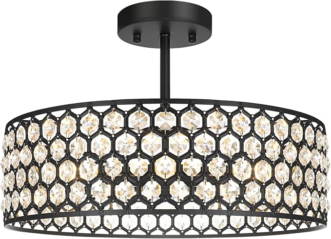 Black Crystal Ceiling Light Fixture - Modern Semi Flush Mount Ceiling Chandelier Lighting for Kitchen, Dazzling Prism Chandelier for Bedroom, Bathroom, Dining Room, 5 Light, 16 in