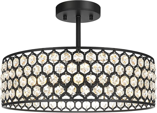 Black Crystal Ceiling Light Fixture - Modern Semi Flush Mount Ceiling Chandelier Lighting for Kitchen, Dazzling Prism Chandelier for Bedroom, Bathroom, Dining Room, 5 Light, 16 in