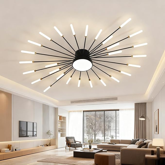 Modern Firework Ceiling Lamp, 29 Lights Metal Black Sputnik Flush Mount Ceiling Light Fixture, 40W LED Flower Chandeliers Lighting Fixture for Farmhouse Kitchen Dining Room Bedroom Living Room