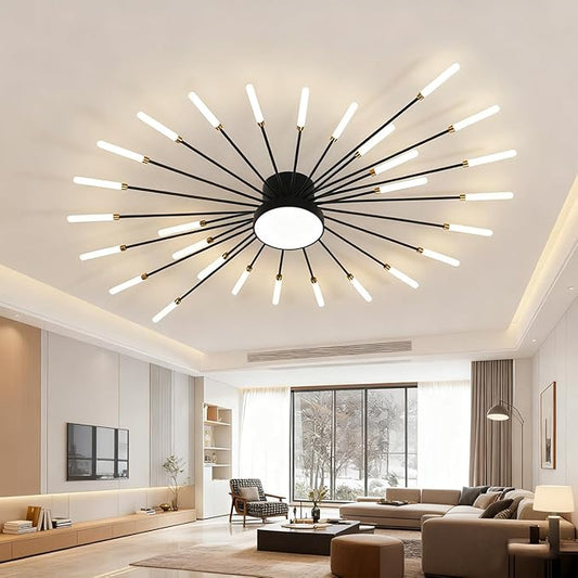Modern Firework Ceiling Lamp, 29 Lights Metal Black Sputnik Flush Mount Ceiling Light Fixture, 40W LED Flower Chandeliers Lighting Fixture for Farmhouse Kitchen Dining Room Bedroom Living Room