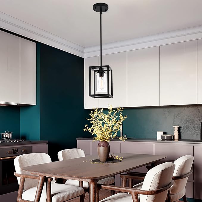 Kitchen Pendant Lighting Over Island, 1-Light Matte Black Farmhouse Pendant Light Fixtures, Rectangle Linear Metal Hanging Lighting Fixture with Clear Glass Shade for Dining Room Entryway Hallway
