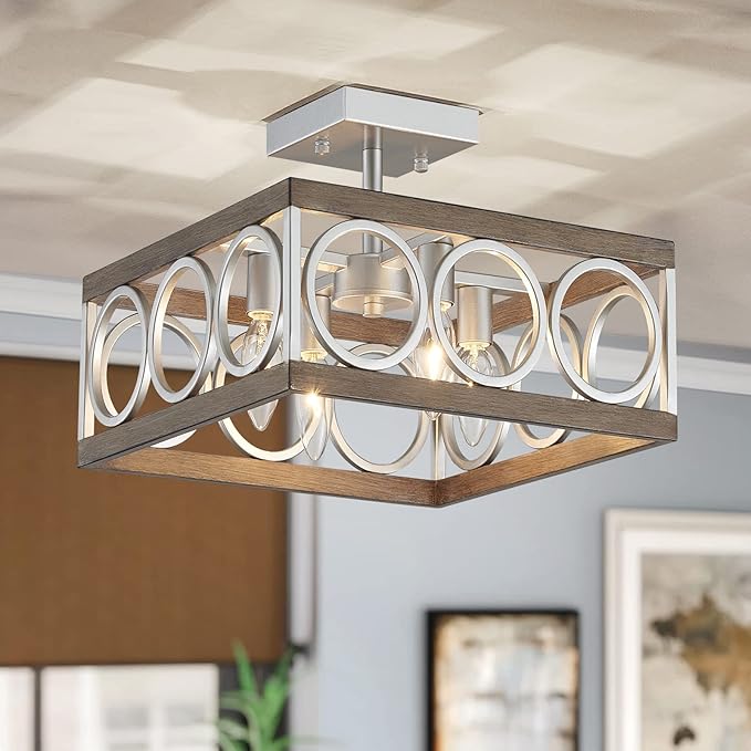 XINGQI Square Ceiling Lights 13'' Farmhouse Semi Flush Mount Ceiling Light Fixture Rustic Chandelier for Living Dining Room Bedroom, Antique Wood Grain & Brushed Nickel Finish, 4 E12 Bulbs