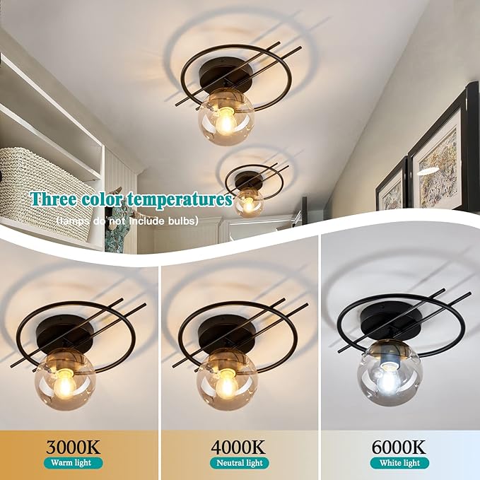 Matte black & gold finish Semi Flush Mount Ceiling Light Fixture Mid Century Modern Chandelier with Glass Globe Small Indoor Lighting for Kitchen Hallway Bathroom Bedroom Closet Farmhouse Proch.