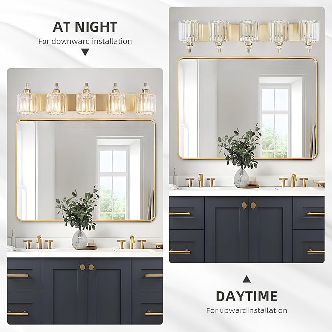 5-Light Modern Vanity Lights Brushed Brass Bathroom Light Fixtures Over Mirror Gold Bathroom Vanity Lighting with Crystal Shade E26 Base Wall Sconce for Bedroom Living Room Restroom Wall Lamp