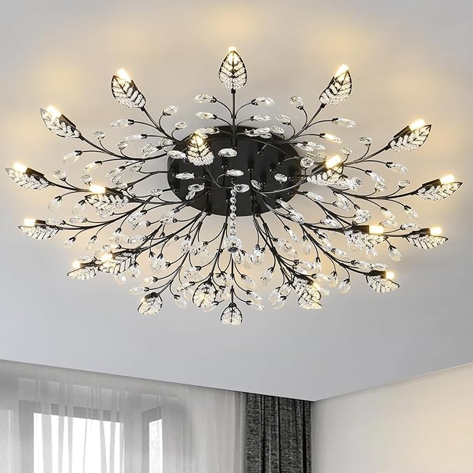 Small Crystal Chandelier Modern Semi Flush Mount Ceiling Light Fixture Black Leaves Chandeliers Lighting for Bedroom Living Room Dining Room Kitchen Hallway Foyer