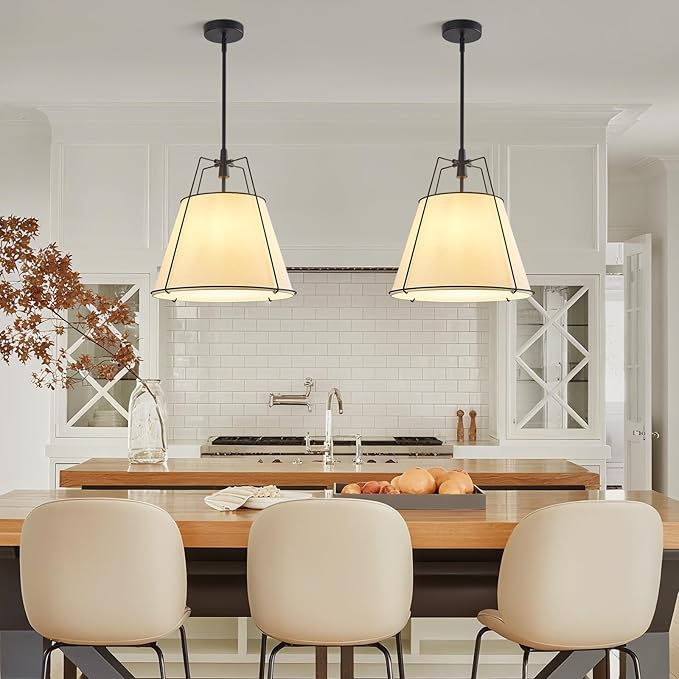 Modern Pendant Light Fixtures with 16" Off-White Linen Fabric Shade, Adjustable Hanging Light Fixture,3-Light Drum Black Vintage Chandelier for Kitchen Island Bedroom Dining Room Foyer