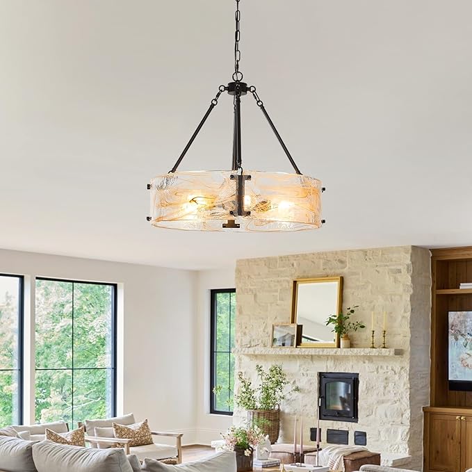 WILON Chandeliers for Dining Room, Modern Glass Pendant Light Fixtures,6-Light Foyer Kitchen Lighting Fixtures Textured Hanging Lights for Bedroom, Bathroom, Laundry Room, Entryway, Hallway (Black)