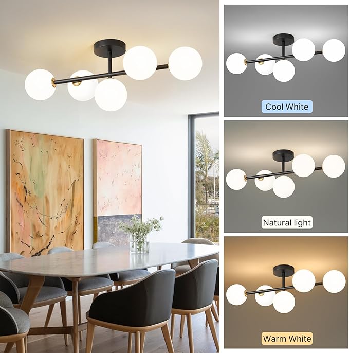Globe Milk Glass Ceiling Light: Black 5 Lights Semi Flush Mount Ceiling Light - Linear Century Modern Lighting Fixture - 27 Inch Brass Glass Lights with Sphere Shade for Bedroom Living Room Hallway