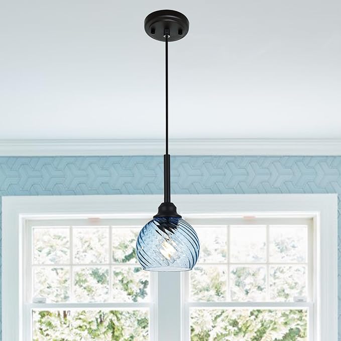 Kitchen Pendant Lighting Over Sink 1-Light Hanging Lights for Kitchen Blue Glass Pendant Lights with Striped Swirl Glass Shade, Suit for Dining Room Bar Hallway