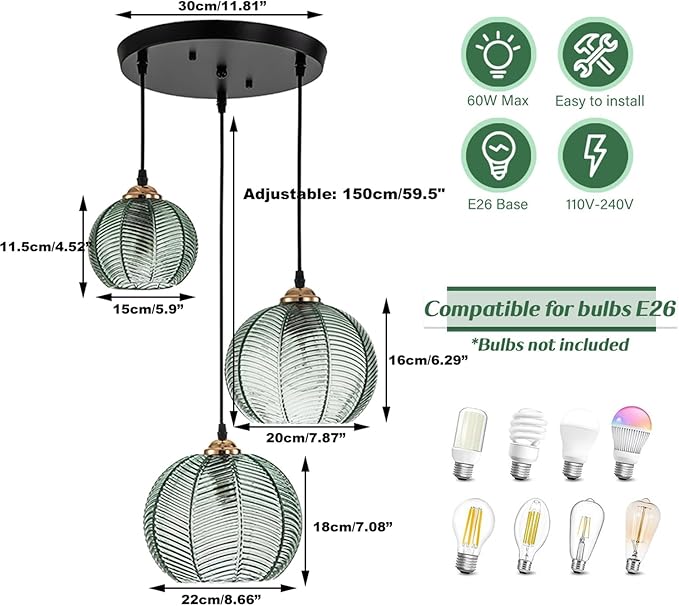Modern 3-Light Pendant Lighting Hand-Blown Green Glass Chandelier, Hanging Ceiling Light with Glass Shade, Farmhouse Kitchen Island Pendant Light for Dining Room Bedroom Living Room