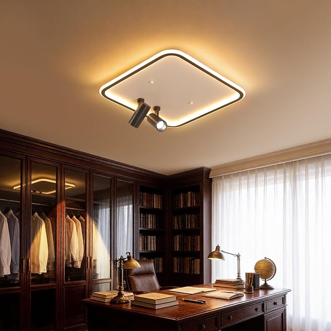 Modern Square LED Flush Mount Ceiling Light Fixture, 2 Adjustable Spotlights, Black Frame White Shade Minimalist Lighting for Living Room Bedroom Kitchen