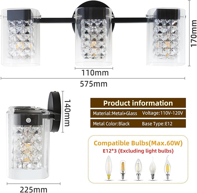 Modern Crystal Vanity Lights, 3-Light Black Bathroom Light Fixtures with Clear Shades, Bathroom Lighting Fixtures Over Mirror Wall Light for Hallway, Decoration,Bedroom（Exclude Bulb）