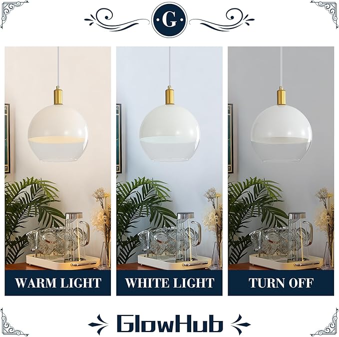 GlowHub Gold Glass Pendant Light for Kitchen Island Milk White Modern Pendant Light Fixture 1-Light Globe Ceiling Hanging Light Adjustable for Farmhouse Dining Room Bedroom Hallway