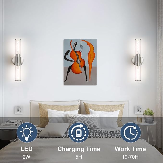Battery Operated Wall Sconces Set of Two Modern Rechargeable Wall Sconces with Remote Control LED Sand Nickel Wall Lights for Living Room Bedroom (2 Pack)