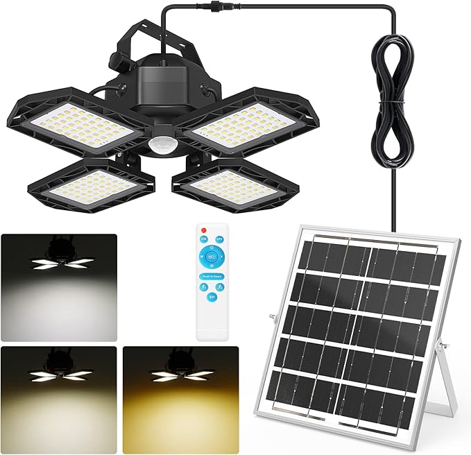 NIORSUN Solar Outdoor Lights Solar Lights Indoor Motion Sensor Pendant Light 3 Colors 4-Leaf 4 Modes with Remote, 16.4ft Wire Waterproof Security Lamp for Garage Shed Home Barn Shop Gazebo(1 Pack)