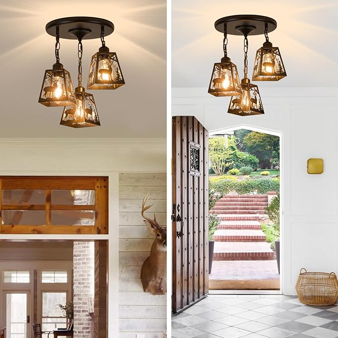 Farmhouse Rustic Ceiling Light Fixture,Black Metal Cage Pendant Lights Kitchen Island with Deer,Industrial Hanging Pendant Lighting for Dining Room Bedroom Entryway Hallway Foyer
