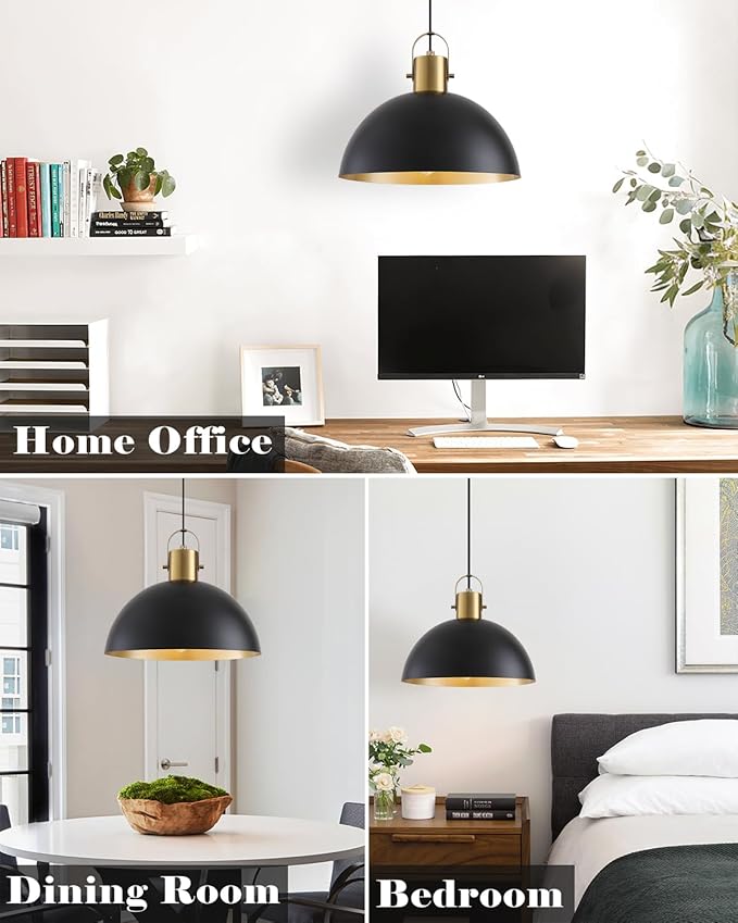 Black and Gold Pendant Light 2 Pack, 11.8 Inch Pendant Lights Kitchen Island, Black Dome Pendant Lights, Island Pendant Light for Kitchen, Dining Room, Living Room