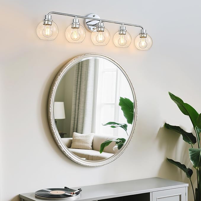 Bathroom Light Fixtures Chrome Vanity Light Silver 5 Light Modern Wall Sconces Lighting Bathroom Lights with Globe Glass Shades Bath Wall Lights for Mirror Kitchen Living Room Hallway 34.5"