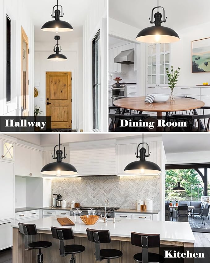 Black Pendant Lights Kitchen Island 2 Pack, Dome Pendant Light 13.8" W, Black Farmhouse Pendant Light for Kitchen Barn Hallway Porch Dining Room