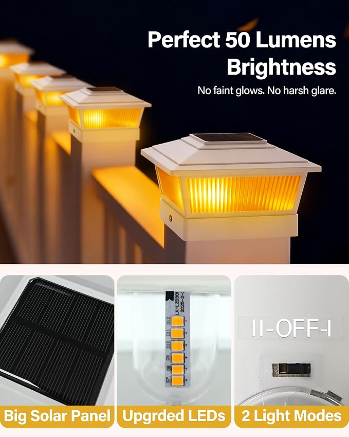 KEILAIMO Solar Post Cap Lights Outdoor for 4x4 5x5 6x6 Wood/Vinyl Posts, 2 Pack Fence Post Solar Lights with Flickering Flame & Warm Modes for Deck/Garden/Patio, IP65 Waterproof - Glossy White