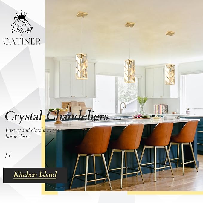 CATINER Gold Crystal Pendant Light, Mini Hanging Pendant Lighting Fixture with Adjustable Cord, Modern Luxury Pendant Light for Kitchen Island, Dining Room, Bedroom, Hallway, E26 Base (1 Pack)
