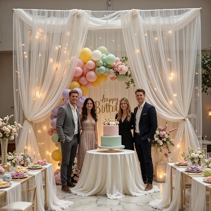 20×10ft White Tulle Backdrop Curtains with Lights String for Wedding Parties Sheer Backdrop Curtain Backdrop for Engagement Bridal Baby Shower Birthday Party Home Decoration 5ft×10ft, 4 Panels