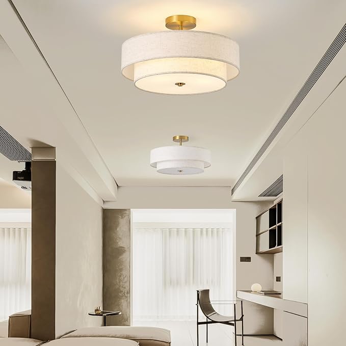 17.7" Semi Flush Mount Ceiling Light Fixtures, Gold Close to Ceiling Light Fixtures with 2-Tier Drum Fabric Lamp Shade, Modern Ceiling Light Fixtures Flush Mount for Bedroom Hallway Nursery