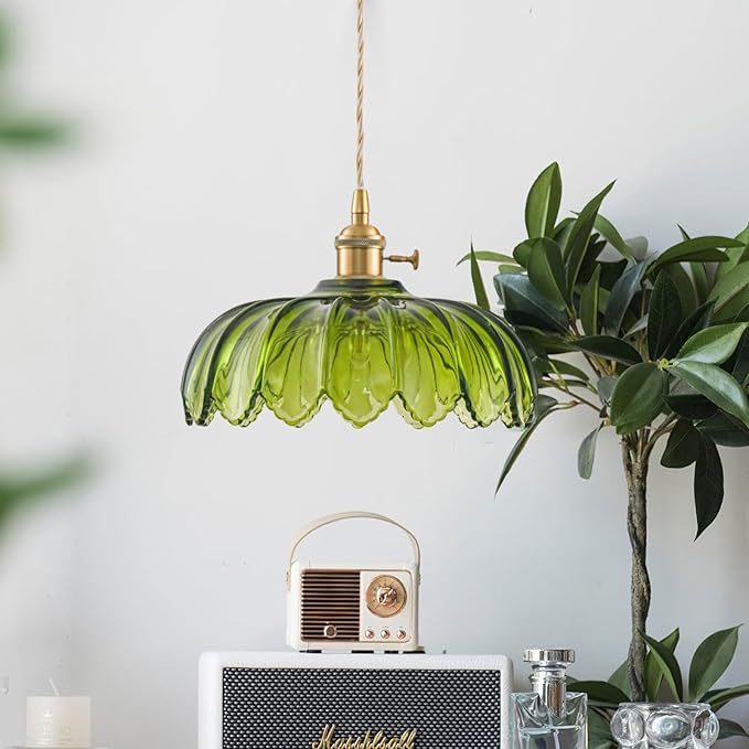 2 Pack Plug in Pendant Light Fixtures, Hanging Light Fixture Glass Pendant Light, Vintage Green Hanging Lamp, Pendant Lighting for Kitchen Island, Bedroom, Dining Room, Living Room