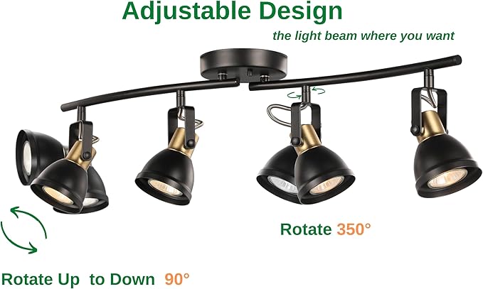 4 Light Track Lighting Kit, Matt Black Brass Finish 4 Way Adjustable with Moden Flush Mount Ceiling Spotlight for Kitchen,Dining,Living Room,Home Improvement