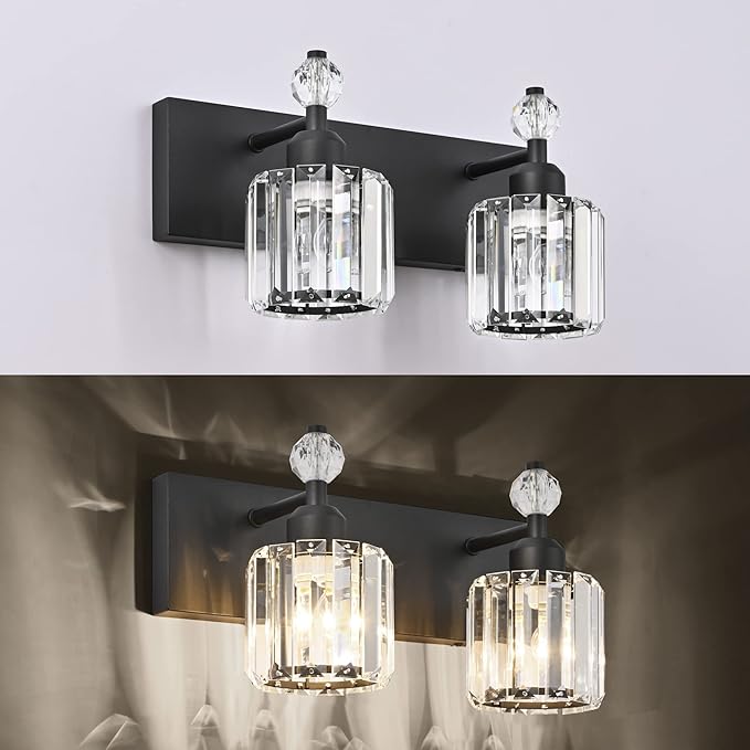 PRESDE 2-Light Crystal Bathroom Lights Fixtures Modern Matte Black Wall Lighting Over Mirror