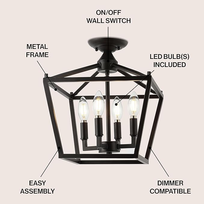 JONATHAN Y 12" Oil Rubbed Bronze Modern Farmhouse Pagoda 4-Light LED Semi Flush Mount Lantern, Metal Ceiling Light Fixture for Kitchen, Hallway, Entryway, Bedroom, Hardwired JYL7610A