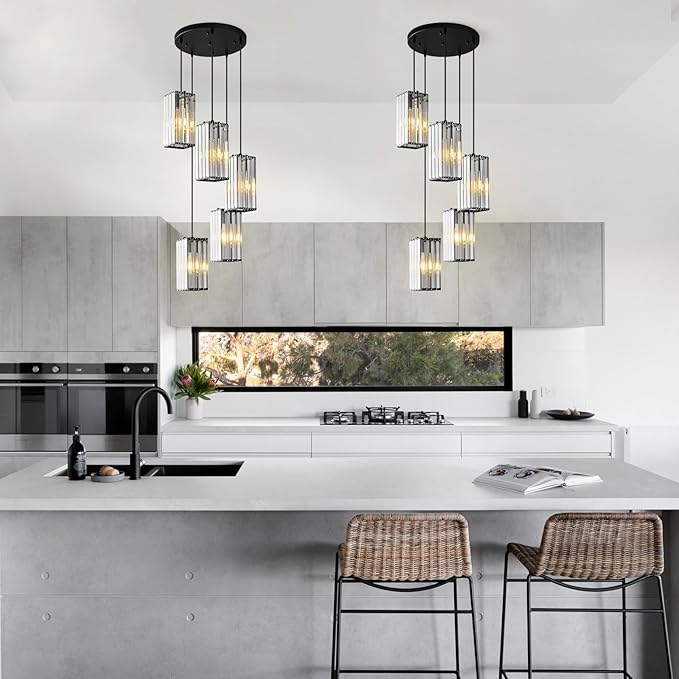 Modern Pendant Light Black Rectangle Pendant Lighting Mini Crystal Chandeliers Adjustable Pendant Light Fixture for Kitchen Island Dinning Room Living Room Corridor Bedroom(Black 5-Light)