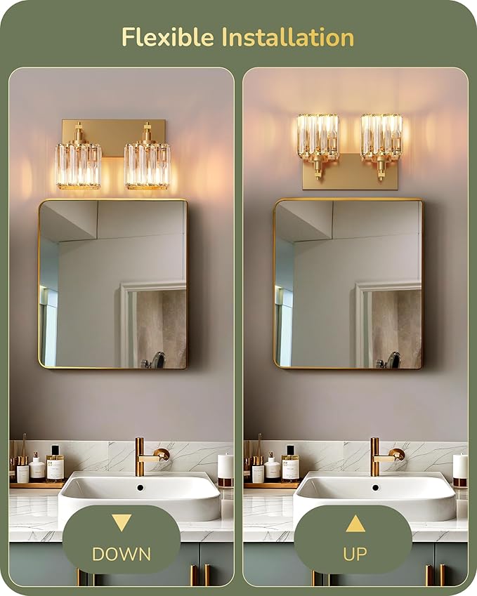 EDISHINE Bathroom Vanity Light, Modern Bathroom Lighting Fixtures, 2 Light Crystal Vanity Lights Over Mirror, Brass Bath Wall Sconce Lamp for Powder Room, Makeup, E26 Base, Gold
