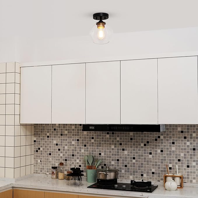 Globe Electric Harrow 1-Light Semi-Flush Mount Ceiling Light with a Matte Black Finish, Gold Accent Socket and Clear Glass Shade, Dimmable Option