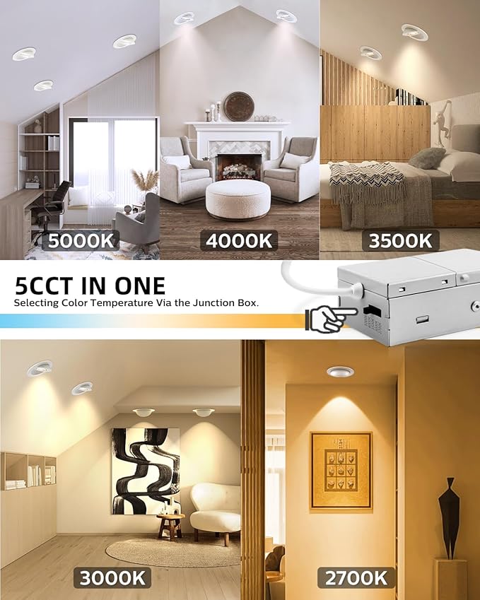 Adetu 4 inch Gimbal Led Recessed Lights, 360°+90° Adjustable Directional Recessed Lighting, 2700K/3000K/3500K/4000K/5000K Dimmable Retrofit Eyeball Can Lights with Jbox, ETL(White,12 Pack)