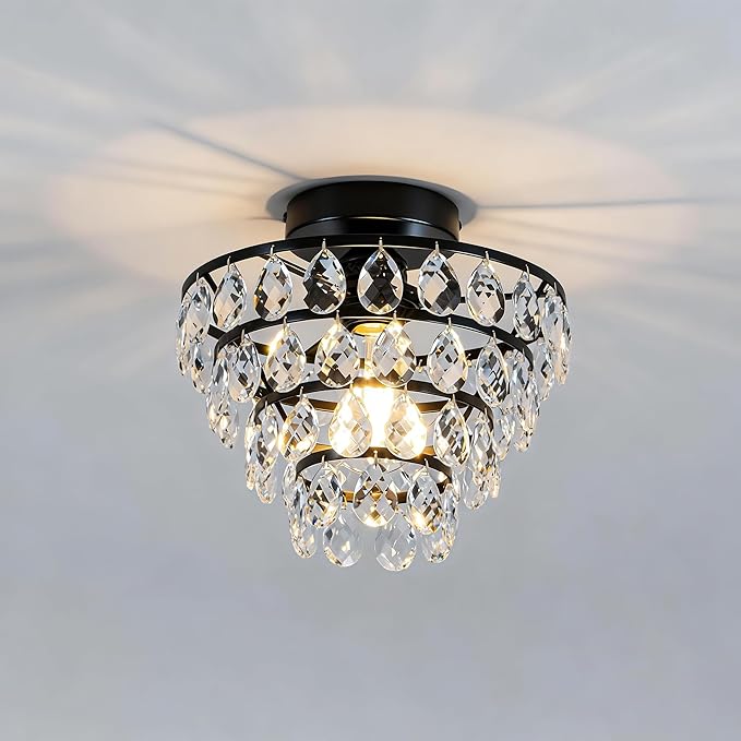 Mayful Modern Crystal Ceiling Light Fixture Black Semi Flush Mount Ceiling Chandelier Mini Ceiling Light for Hallway Bedroom Bathroom Living Room E26