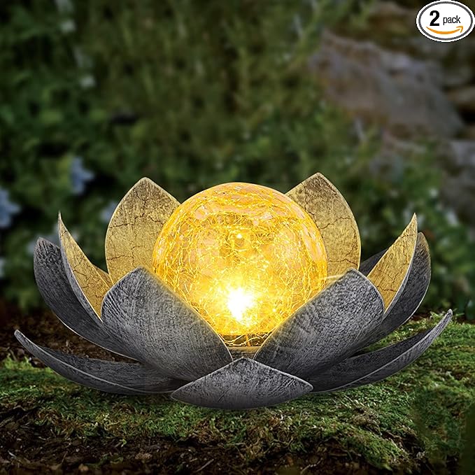 AIINY Garden Solar Light Outdoor(2Pack), Amber Crackle Globe Glass Lotus Decoration, Waterproof Gary Metal LED Flower Lights for Patio,Lawn,Walkway,Tabletop, Garden Gifts for Women