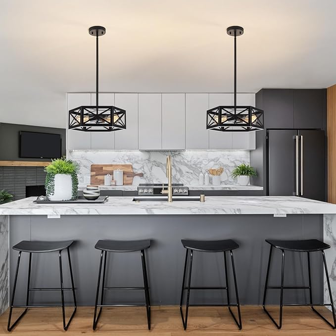 Semi Flush Mount Ceiling Light, Sloped Ceilings Lights Fixtures, Black Farmhouse 2-Light Chandelier, Adjustable Height Metal Lighting for Kitchen Dining Room Entryway Foyer Hallway