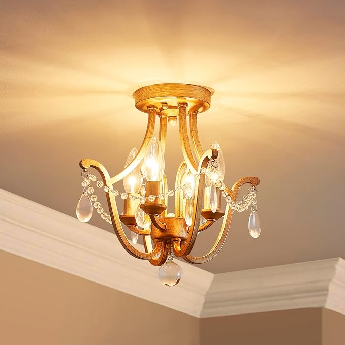 AGV LIGHTING Crystal Ceiling Light Fixture, Semi Flush Mount Ceiling Light, E12 Base 4-Lights, D12 x H12, Clear Crystal & Dressed Gold Finish Metal Frame