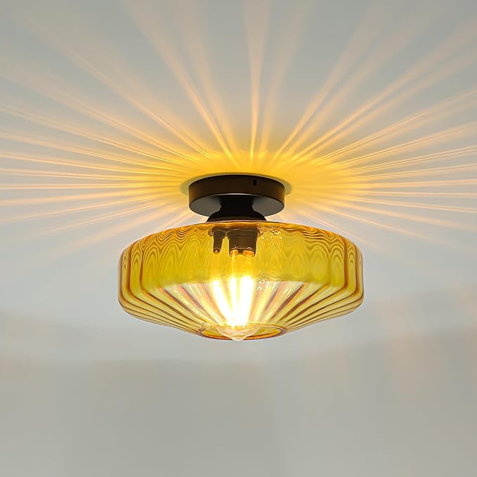 FCTWAKS Semi Flush Mount Ceiling Light, 11.8" Mid Century Modern 1-Light Close to Ceiling Light Fixtures with Drum Amber Glass Shade for Bedroom Entryway Hallway Porch Foyer